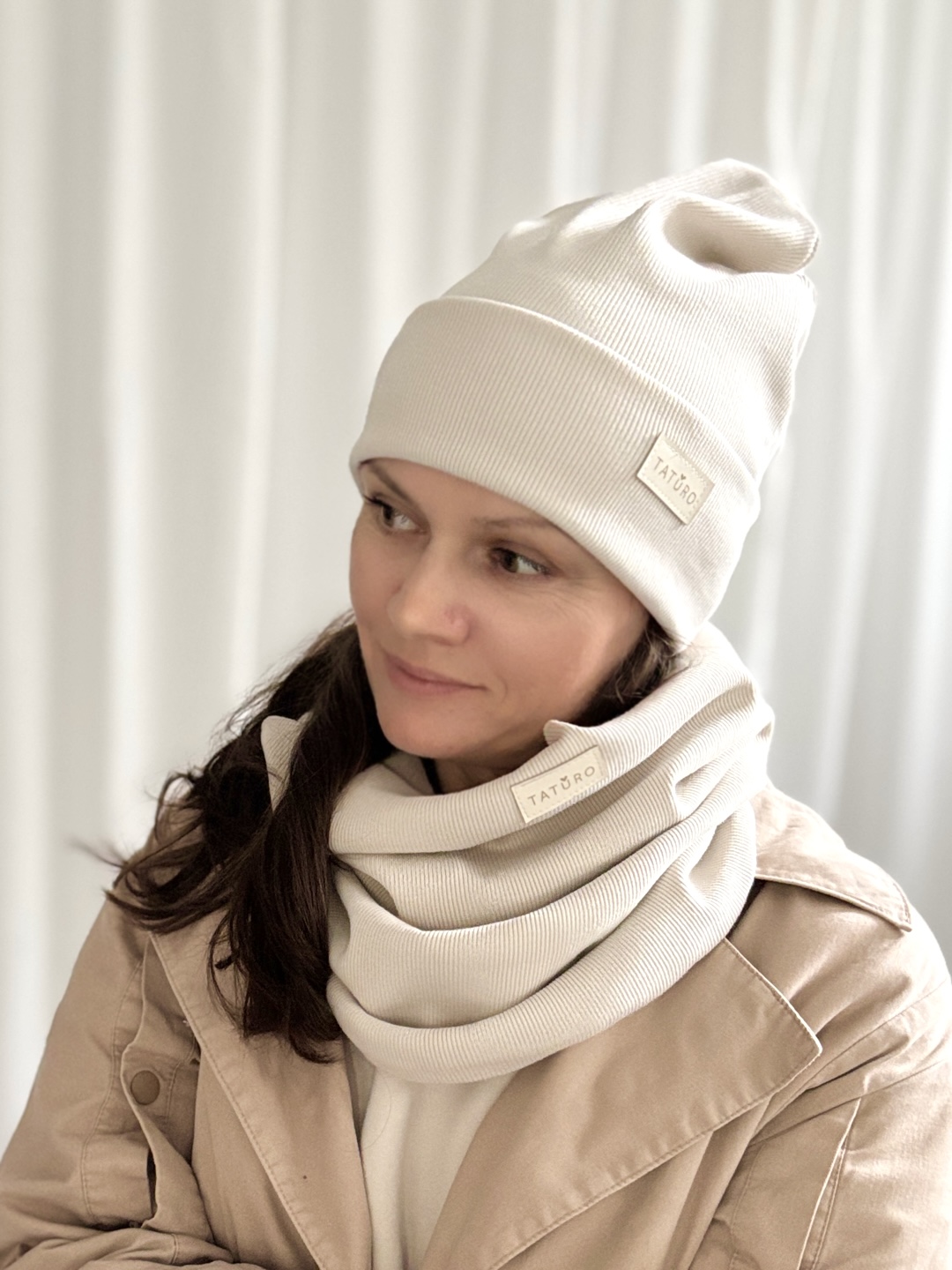 Czapka +komin damski prążkowany beżowy