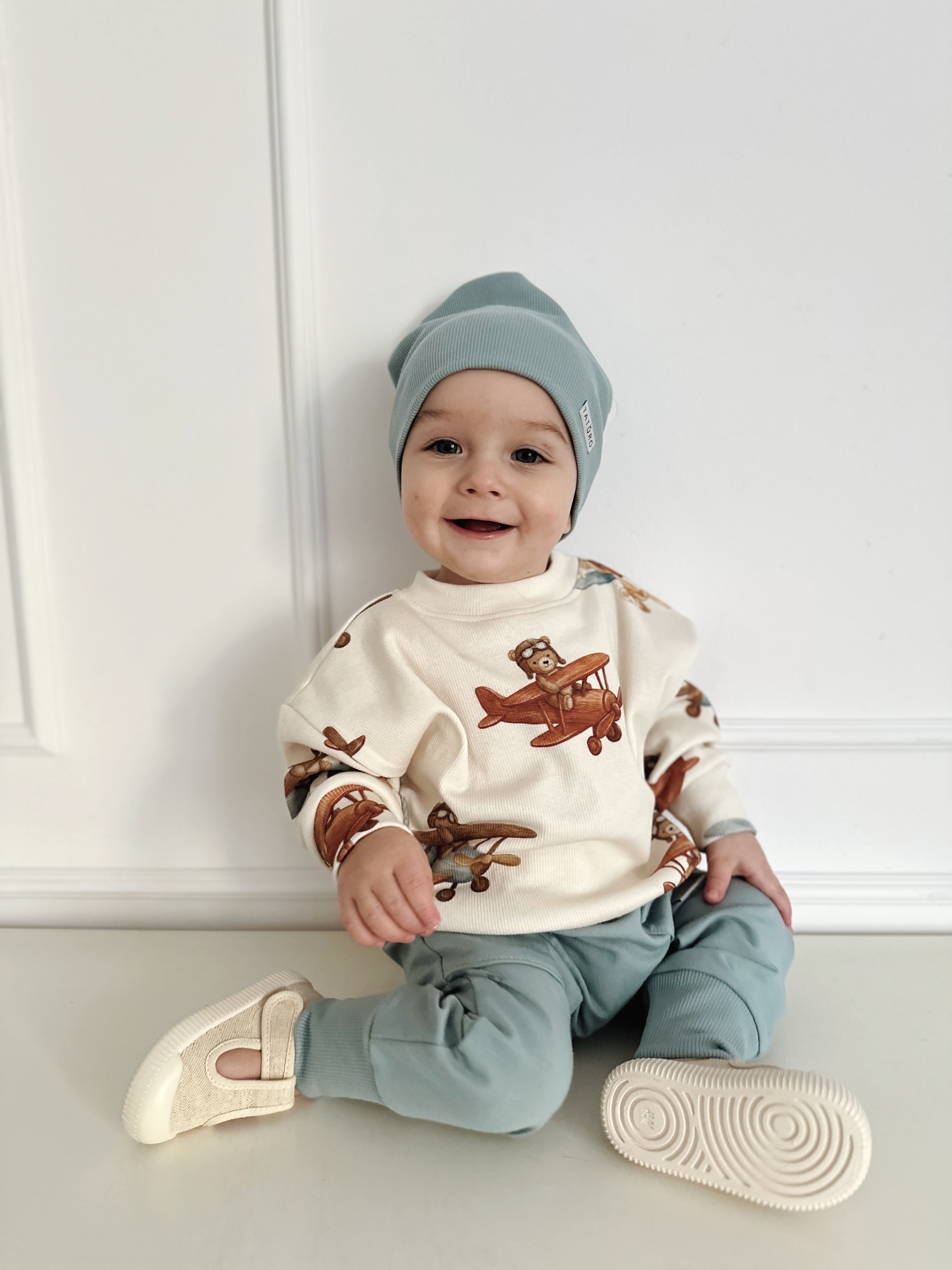 Komplet  bluza prążkowana odlotowe misie +spodnie z kieszonkami dusty blue